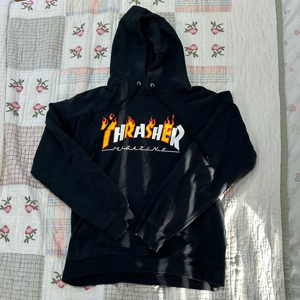 Thrasher Black Hoodie with Flame Design